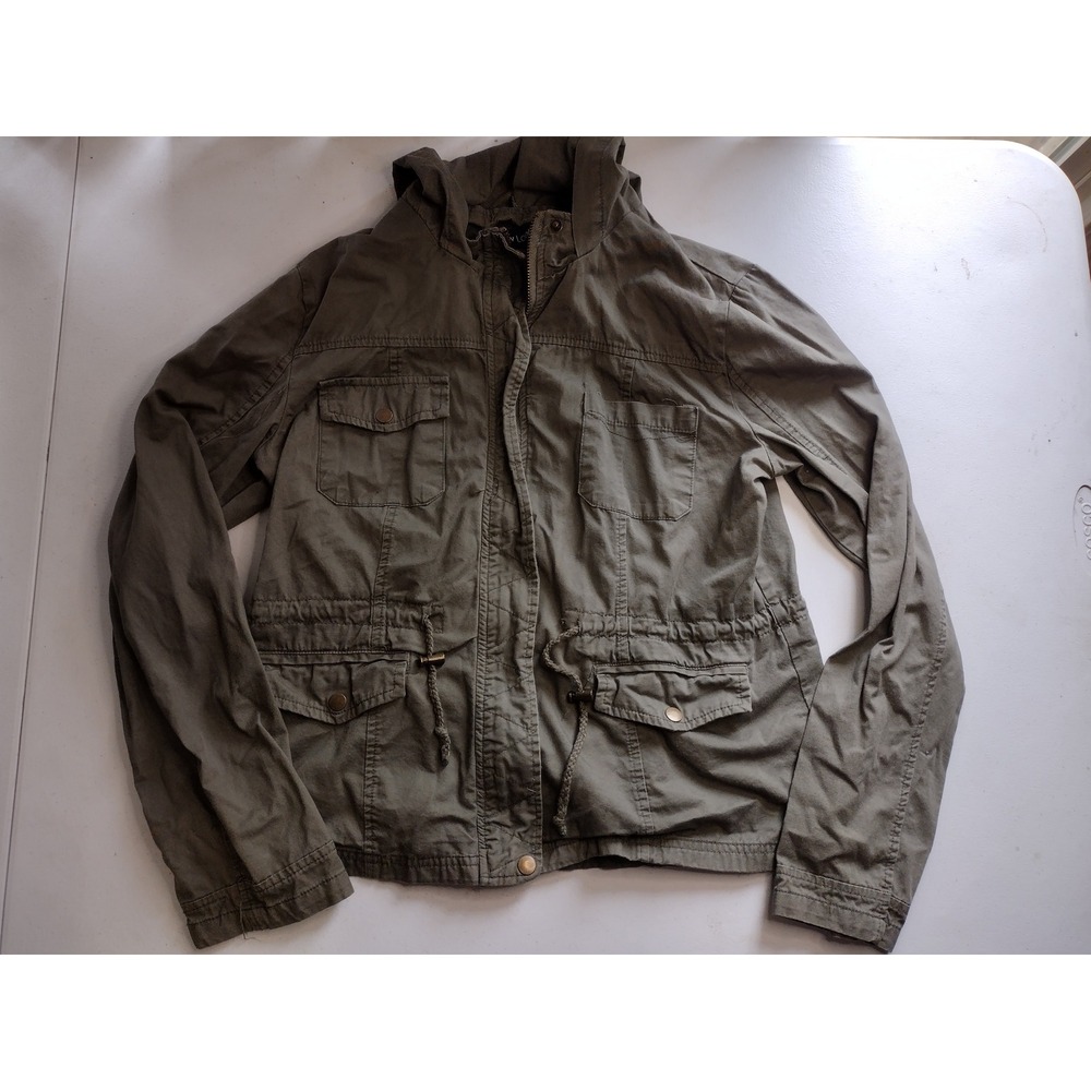 New Look Womens Olive Green Cotton‎ Utility Field Jacket Hooded Cinched Waist L